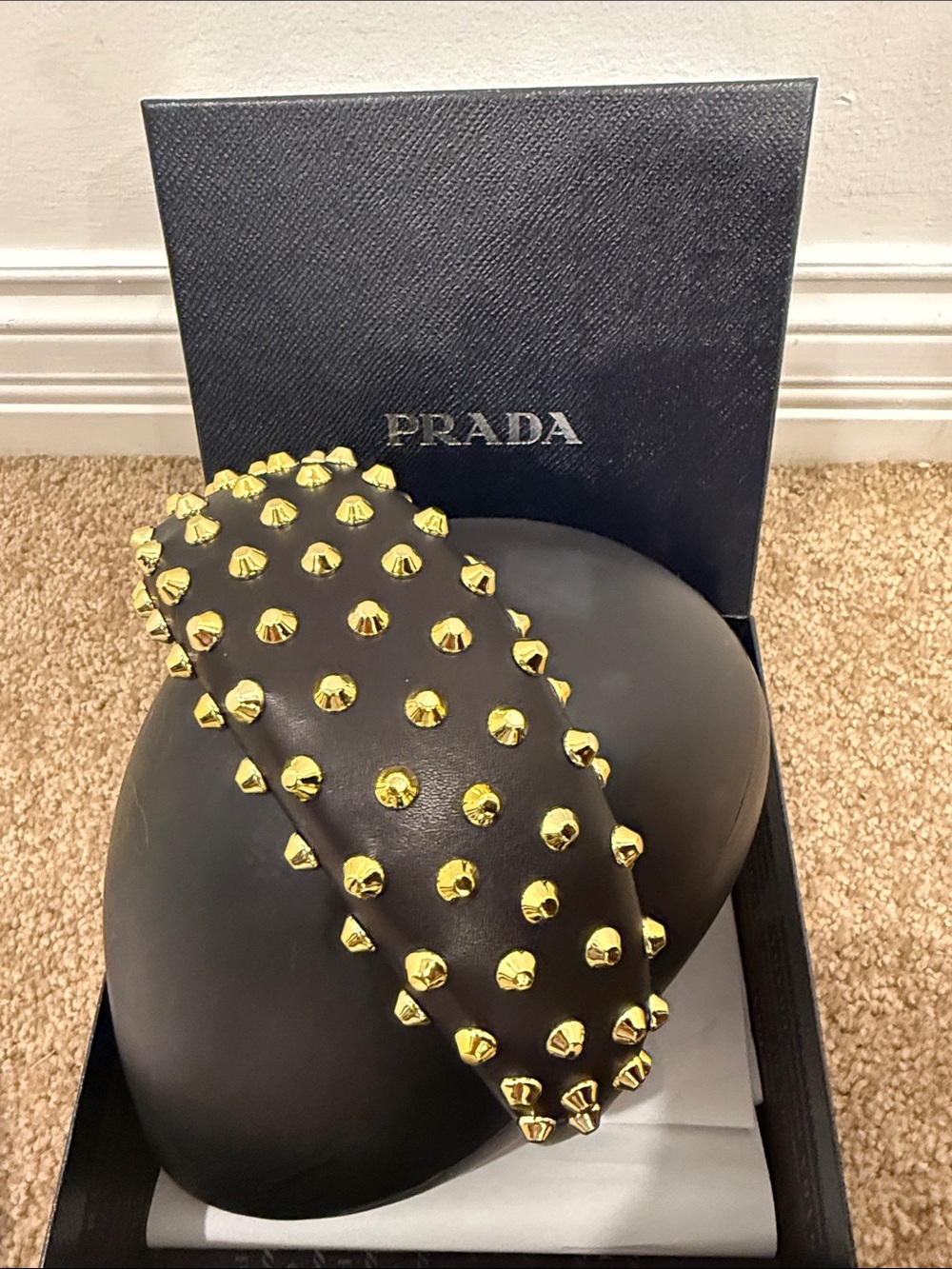 Prada Runway Black Leather Gold Studded Headband Rare Fifth Avenue NYC NIB